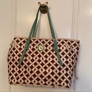 SPARTINA 449 BAG TOTE BROWN CREAM PRINT LINEN 2 GREEN LEATHER STRAPS CLIP TOP